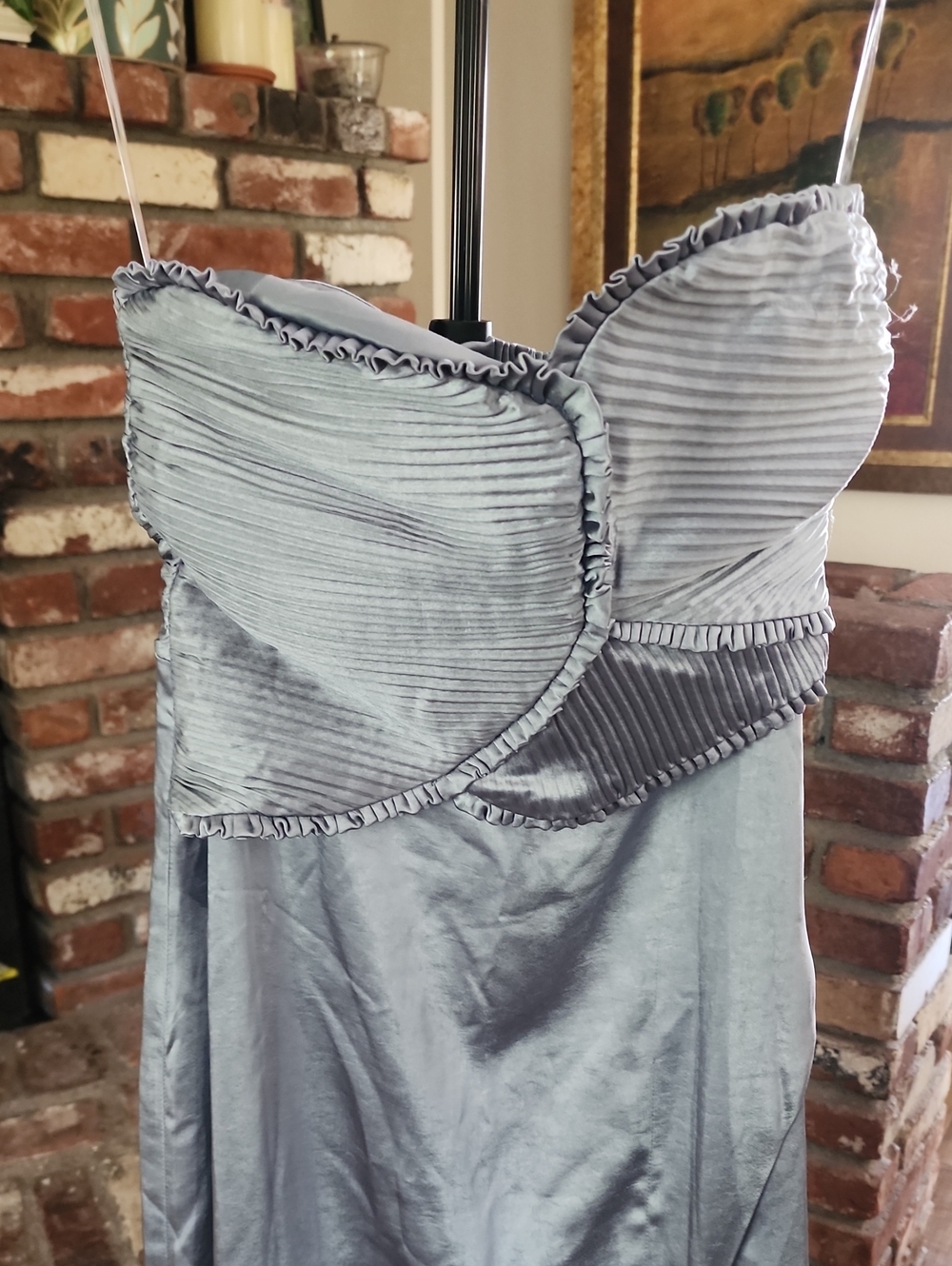 Meshki Slate Blue Strapless Satin Gown with High Slit - Picture 5 of 12
